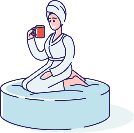 Relaxed woman in towel and bathrobe drinks tea after bath Illustration