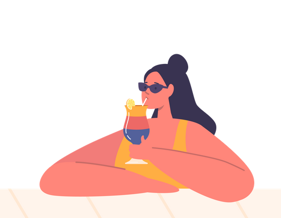 Relaxed Woman Sips Cocktail In Pool  Illustration