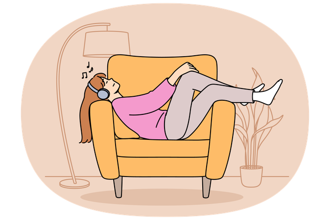 Relaxed woman wearing headphones lies on sofa listening to music  Illustration