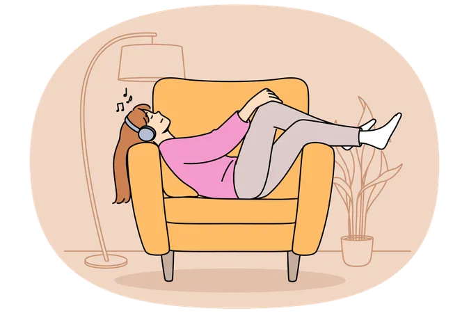 Relaxed woman wearing headphones lies on sofa listening to music  Illustration