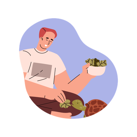 Relaxed young man feeding turtle leaves  Illustration