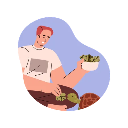 Relaxed young man feeding turtle leaves  Illustration