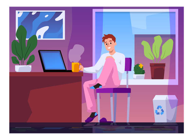 Relaxed young man sitting with laptop at desk having break with cup of tea at home  Illustration