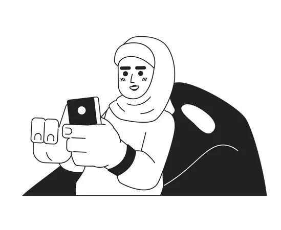 Relaxing Hijab Girl On Beanbag Chair Black And White 2 D Cartoon Character Mobile Phone Using Muslim Young Adult Female Isolated Vector Outline Person Leisure Monochromatic Flat Spot Illustration Illustration