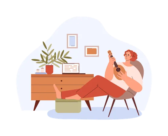 Relaxing Young Woman In Chair Playing Ukulele Flat Style Vector Illustration Isolated Hobby And Leisure Smiling Character Creative Cozy Room Illustration