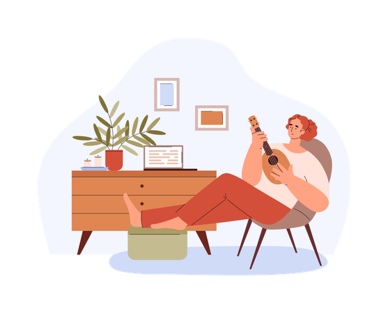 Relaxing young woman playing ukulele  Illustration