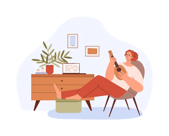 Relaxing young woman playing ukulele  Illustration