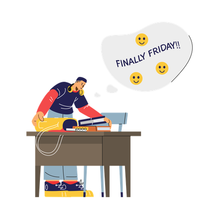 Relieved student looking forward to weekend while packing up after study session  Illustration