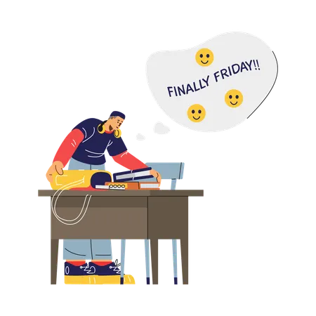 Relieved student looking forward to weekend while packing up after study session  Illustration