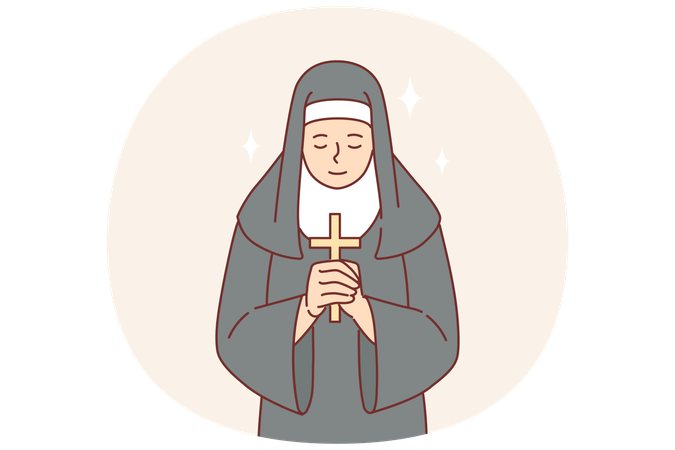 Une religieuse en prière, vêtue d'une soutane, tient une croix catholique dans ses mains et s'incline devant Dieu.  Illustration