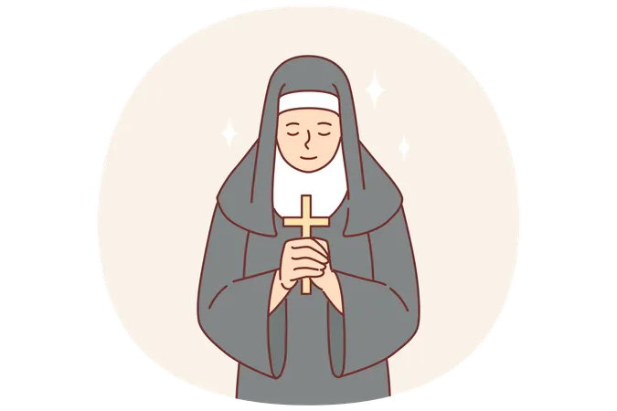 Une religieuse en prière, vêtue d'une soutane, tient une croix catholique dans ses mains et s'incline devant Dieu.  Illustration