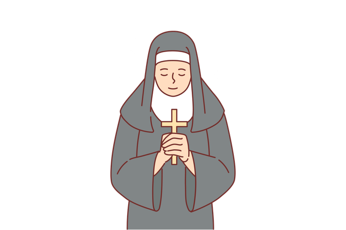 Nonne priant tout en tenant la croix catholique dans les mains  Illustration