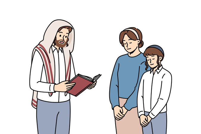 Religious jewish man reads torah to wife and son  Illustration