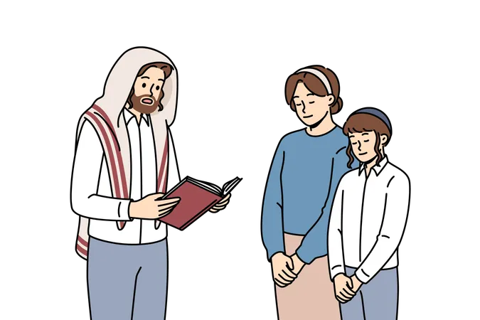 Religious jewish man reads torah to wife and son  Illustration