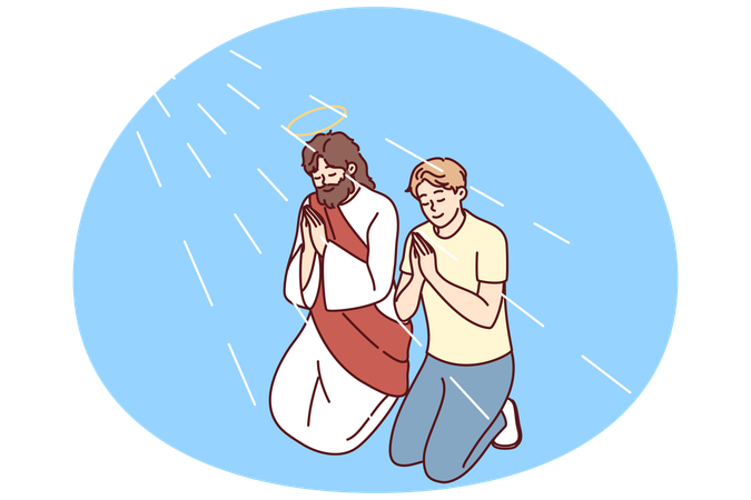 Religious man pray kneeling with Jesus Christ  Illustration