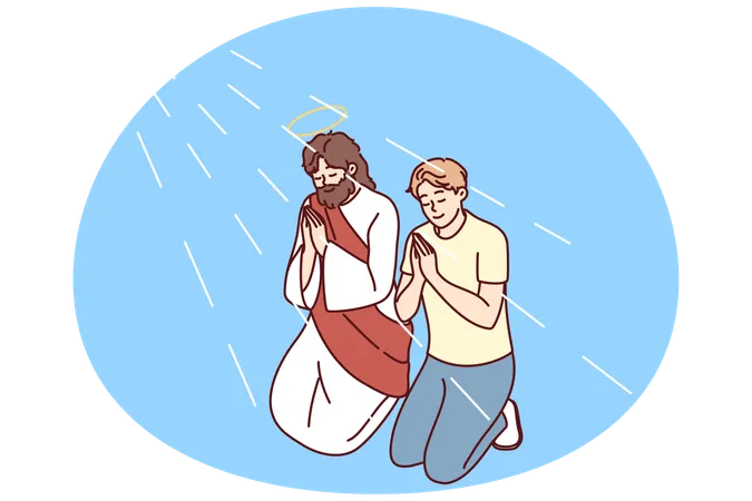 Religious man pray kneeling with Jesus Christ  Illustration