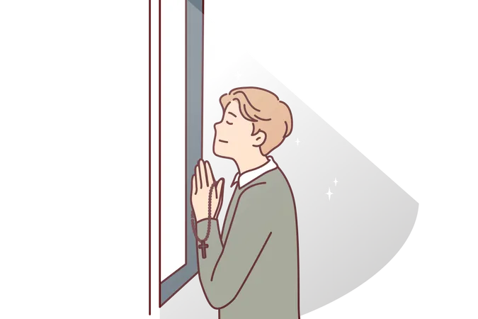 Religious man prays standing at window  Illustration