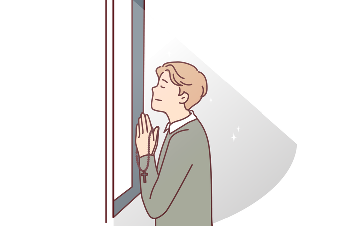 Religious man prays standing at window and holds chain with catholic christian crucifix  Illustration