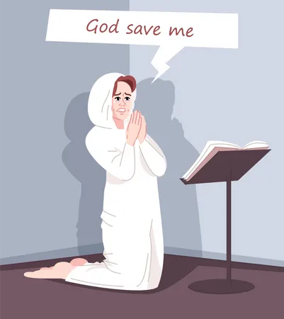 Religious Obsession Flat Vector Illustration Spiritual Dependence Fanatic Worshiper Pious Young Woman Kneeling Female Believer Praying Asking God For Salvation Cartoon Character Illustration