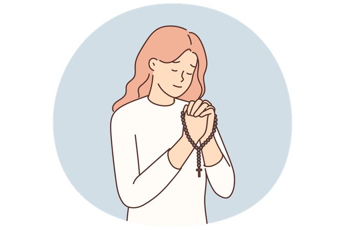 Religious woman pray with rosary  Illustration