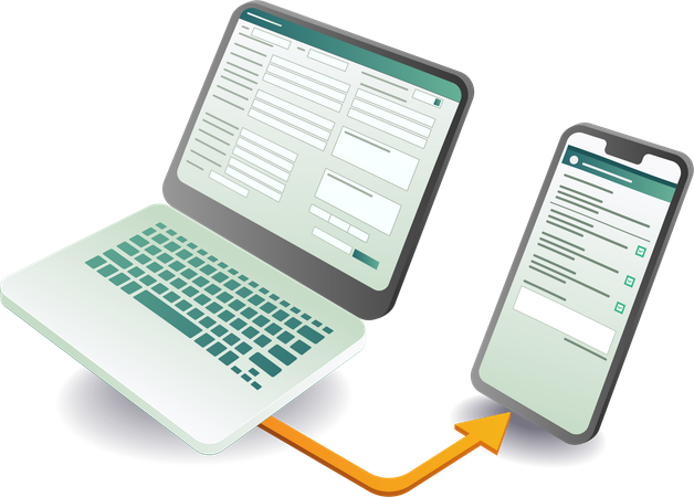 Completar formulario de inscripción en línea con computadora y teléfono inteligente  Ilustración