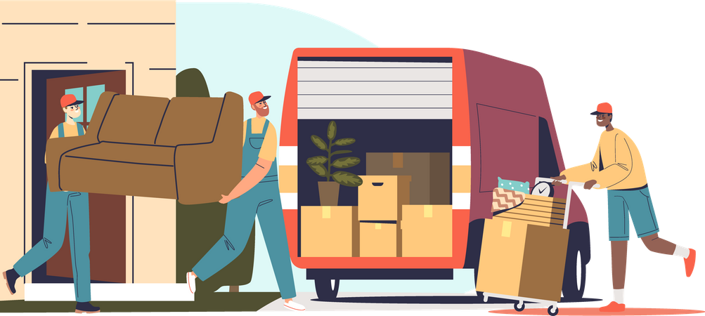 Relocation service worker loaders loading furniture Illustration