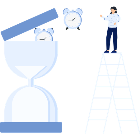 Relojes despertadores de arena y persona en la escalera  Ilustración