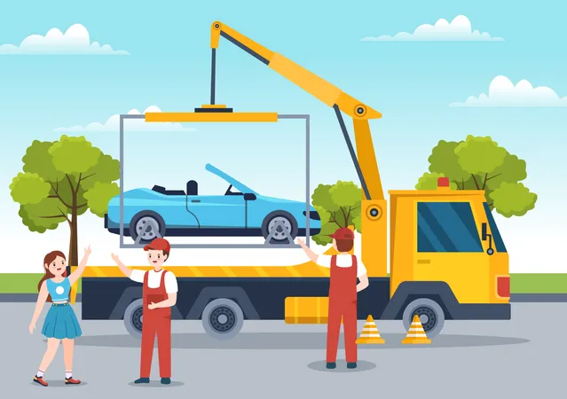 Auto remolque de automóviles mediante camión con servicio de asistencia en carretera  Ilustración