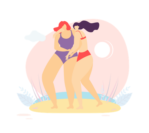 Filles de remorquage profitant sur la plage  Illustration