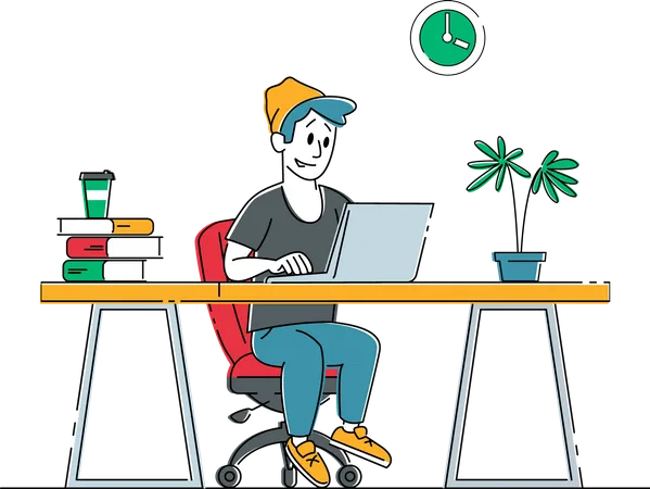 Remote Freelance Work Concept Man Freelancer Sitting In Comfortable Armchair Working Distant On Laptop Creative Employee Programmer Or Designer Character Work At Home Linear Vector Illustration Illustration