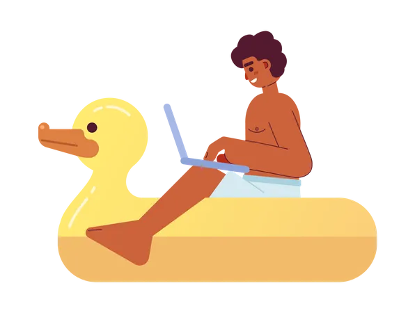 Remote Freelancer Working From Anywhere Semi Flat Color Vector Character Man With Laptop On Duck Float Editable Person On White Simple Cartoon Spot Illustration For Web Graphic Design And Animation Illustration