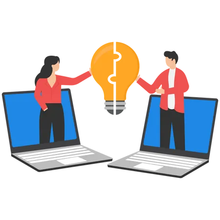 Remote Meeting To Find Best Idea To Run Business Brainstorming In Organization Concept Businesswoman And Businessman Appearing On Laptop Screens To Merge An Idea Light Bulb イラスト