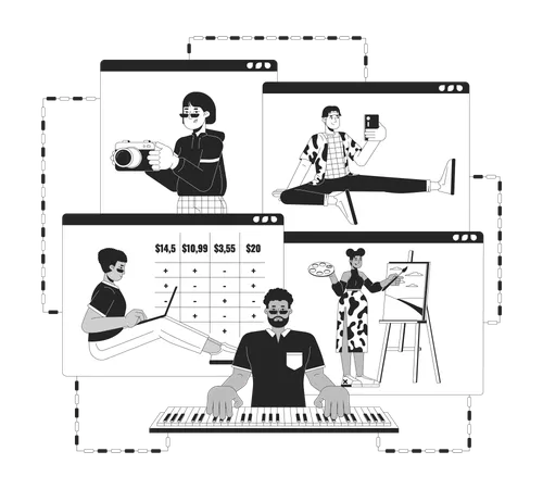 Remote Work Black And White 2 D Illustration Concept Multiethnic People With Home Based Jobs Cartoon Outline Characters Isolated On White Telecommuting Services Metaphor Monochrome Vector Art Illustration