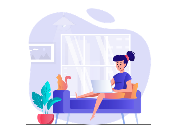 Remote work by girl  Illustration