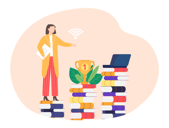 Remote work with books. Woman teacher standing next to laptop and stack of multicolored books Illustration