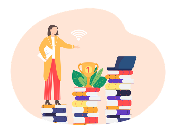 Remote work with books. Woman teacher standing next to laptop and stack of multicolored books  Illustration