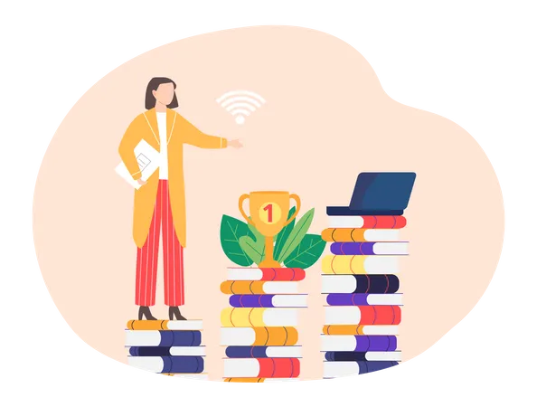 Remote work with books. Woman teacher standing next to laptop and stack of multicolored books  Illustration