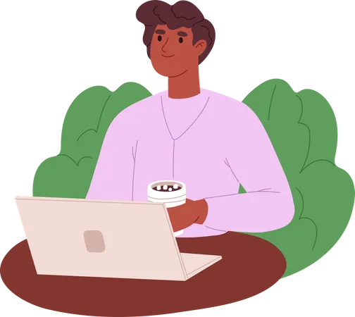 Remote worker man sit at laptop with drinking coffee  Illustration