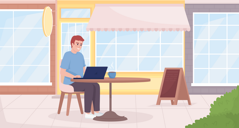 Remote worker on coffee shop terrace  Illustration