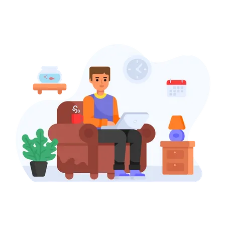 Flat Remote Working Illustration Person Sitting On A Couch With Laptop Illustration