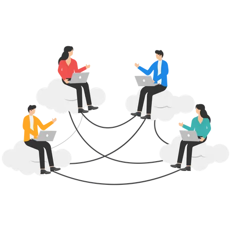 Remote Working With Cloud Computing Save And Share Company Files Securely Both Inside Or Outside Office Concepts Company Employees Working With Laptops Or Tablets On Interconnected Clouds イラスト