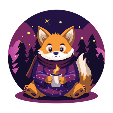 Renard d'hiver tenant une tasse de café  Illustration