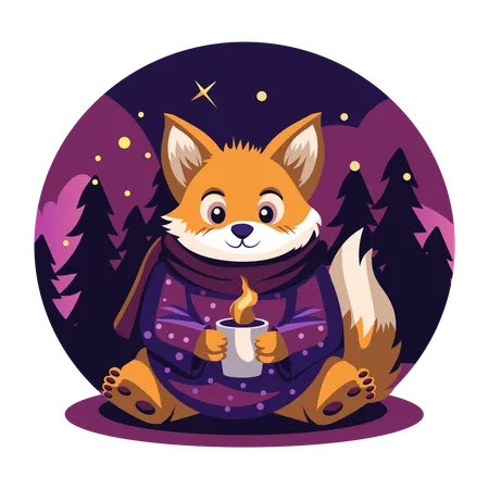 Renard d'hiver tenant une tasse de café  Illustration