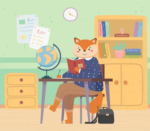 Écolière Fox avec sac à main assise à un bureau  Illustration