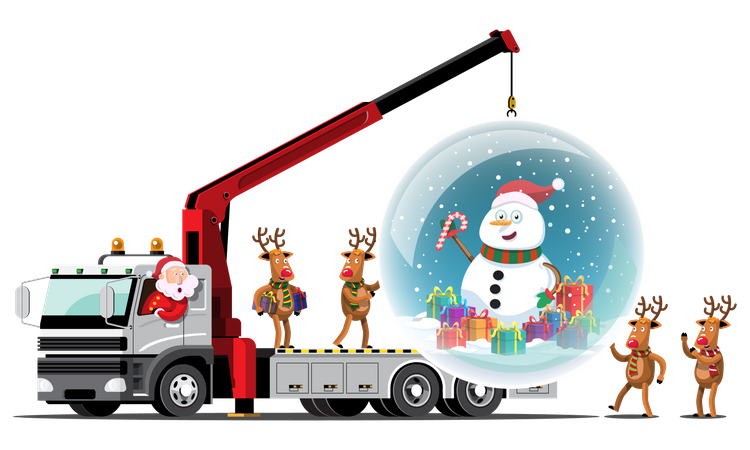 Renas e Papai Noel trazem uma bola de cristal gigante e um boneco de neve para dentro do caminhão  Ilustração