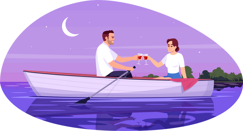 Rendez-vous romantique du jeune couple sur le bateau  Illustration