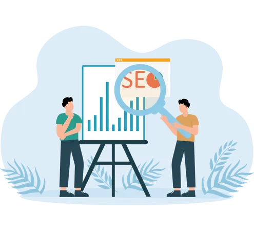 El rendimiento de la optimización SEO analizado por un empresario  Ilustración