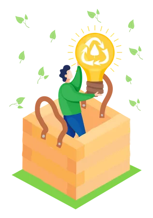 A Man Stands In A Wooden Box And Raises A Large Light Bulb With A Recycling Logo On It Production Of Environmentally Friendly Electricity Recycling Garbage And Unnecessary Things Natural Products イラスト