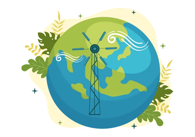 Global Wind Day Vector Illustration On June 15 With Earth Globe And Winds Turbines On Blue Sky In Flat Cartoon Hand Drawn Landing Page Templates 일러스트레이션