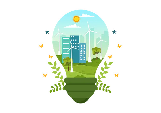 Energy Efficiency In The City Vector Illustration With Sustainable Environment For Electricity Generated From Sun And Wind In Hand Drawn Templates 일러스트레이션